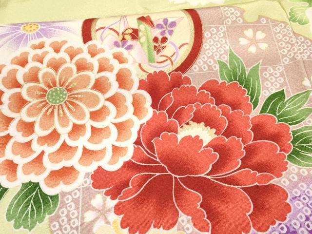 平和屋着物[]七五三　女の子　７歳　祝着　四つ身　袋帯セット　折り鶴　糸車　雪輪牡丹花文　金彩　DABA3584ma