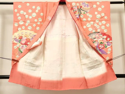 平和屋着物[]七五三　女の子　３歳　祝着　三つ身　長襦袢(無双仕立て)セット　折り鶴　檜扇鞠花文　金彩　逸品　DABA3585ma
