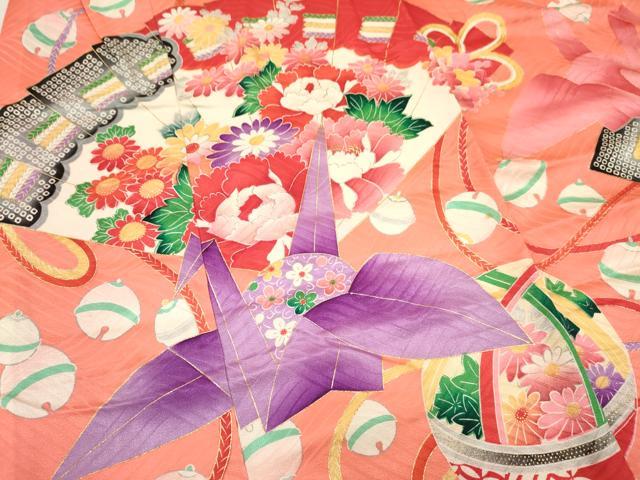 平和屋着物[]七五三　女の子　３歳　祝着　三つ身　長襦袢(無双仕立て)セット　折り鶴　檜扇鞠花文　金彩　逸品　DABA3585ma