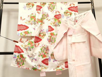 平和屋着物[]七五三　女の子　７歳　祝着　四つ身　長襦袢(無双仕立て)セット　絞り　雪輪御所車花蝶文　金彩　逸品　DABA3589ma