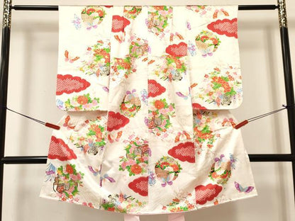平和屋着物[]七五三　女の子　７歳　祝着　四つ身　長襦袢(無双仕立て)セット　絞り　雪輪御所車花蝶文　金彩　逸品　DABA3589ma
