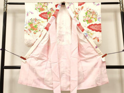 平和屋着物[]七五三　女の子　７歳　祝着　四つ身　長襦袢(無双仕立て)セット　絞り　雪輪御所車花蝶文　金彩　逸品　DABA3589ma