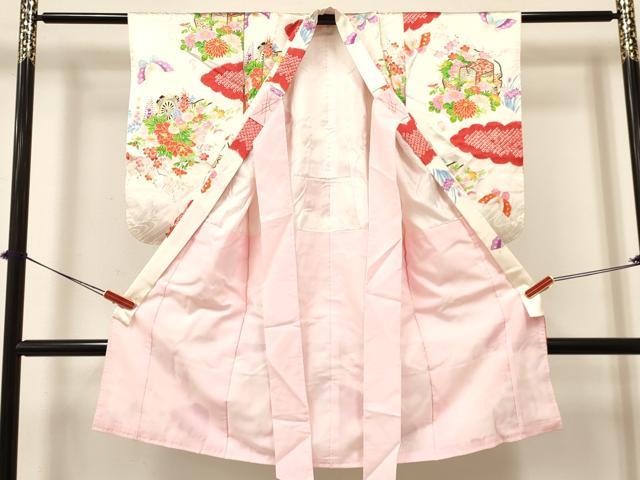 平和屋着物[]七五三　女の子　７歳　祝着　四つ身　長襦袢(無双仕立て)セット　絞り　雪輪御所車花蝶文　金彩　逸品　DABA3589ma