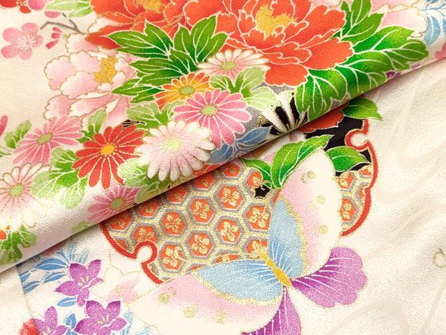 平和屋着物[]七五三　女の子　７歳　祝着　四つ身　長襦袢(無双仕立て)セット　絞り　雪輪御所車花蝶文　金彩　逸品　DABA3589ma
