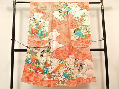 平和屋着物[]七五三　女の子　７歳　祝着　四つ身　長襦袢(無双仕立て)セット　駒刺繍　孔雀花鳥文　金彩　逸品　DABA3590ma