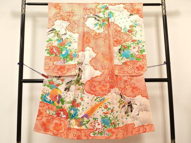 平和屋着物[]七五三　女の子　７歳　祝着　四つ身　長襦袢(無双仕立て)セット　駒刺繍　孔雀花鳥文　金彩　逸品　DABA3590ma