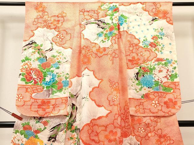 平和屋着物[]七五三　女の子　７歳　祝着　四つ身　長襦袢(無双仕立て)セット　駒刺繍　孔雀花鳥文　金彩　逸品　DABA3590ma