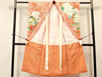 平和屋着物[]七五三　女の子　７歳　祝着　四つ身　長襦袢(無双仕立て)セット　駒刺繍　孔雀花鳥文　金彩　逸品　DABA3590ma