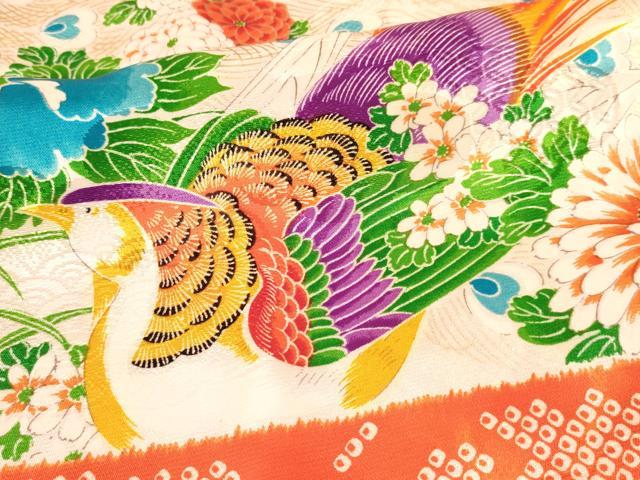平和屋着物[]七五三　女の子　７歳　祝着　四つ身　長襦袢(無双仕立て)セット　駒刺繍　孔雀花鳥文　金彩　逸品　DABA3590ma