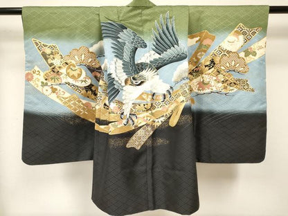 平和屋着物[]七五三　男の子　祝着・羽織・長襦袢(単衣)・行灯袴・小物セット　鷹　鷲　束ね熨斗花文　暈し染め　金彩　DABA3594ma