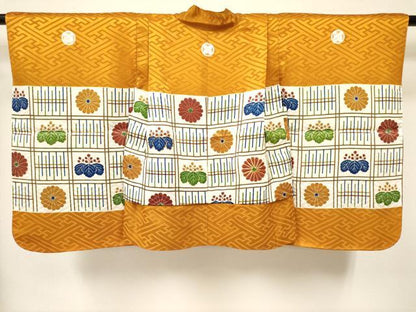 平和屋着物[]七五三　男の子　祝着・羽織・行灯袴セット　駒刺繍　格子桐菊文　金彩　洗える着物　DABA3596ma