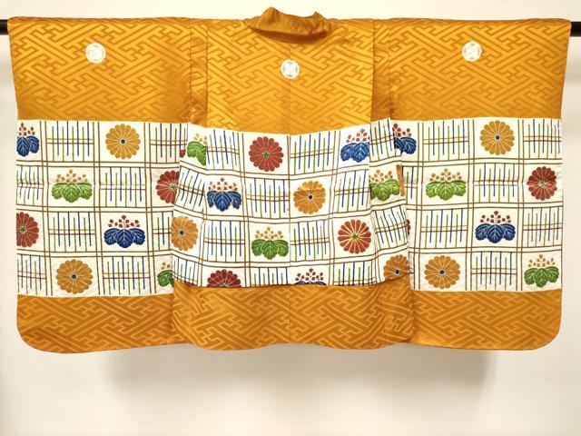 平和屋着物[]七五三　男の子　祝着・羽織・行灯袴セット　駒刺繍　格子桐菊文　金彩　洗える着物　DABA3596ma