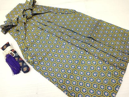 平和屋着物[]七五三　男の子　祝着・羽織・行灯袴セット　駒刺繍　格子桐菊文　金彩　洗える着物　DABA3596ma