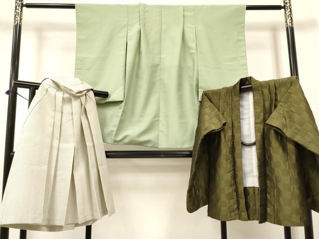 平和屋着物[]七五三　男の子　祝着・羽織・行灯袴セット　着物：若葉色　市松文様　羽織：海松色　DABA3599ma