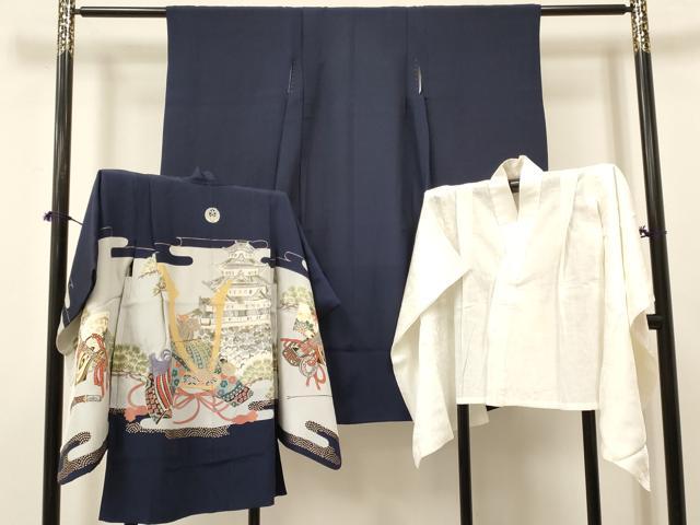 平和屋着物[]七五三　男の子　祝着・羽織・長襦袢(無双仕立て)セット　龍　兜　風景松文　金彩　DABA3600ma
