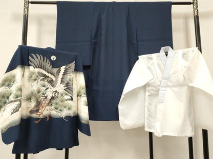 平和屋着物[]七五三　男の子　祝着・羽織・長襦袢(単衣)セット　鷹　鷲　松文　暈し染め　金彩　DABA3601ma
