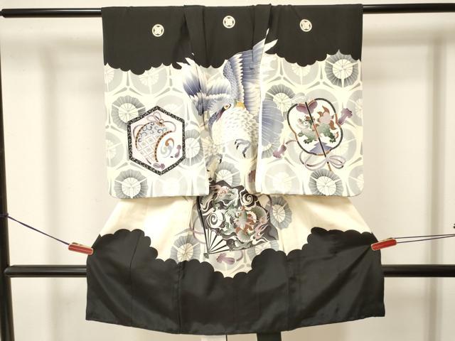 平和屋着物[]七五三　男の子　祝着・行灯袴セット　襦袢付き　鷹　鷲　龍　銀彩　逸品　DABA3604ma