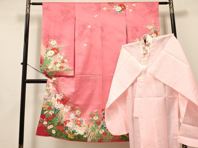 平和屋着物[]七五三　女の子　７歳　祝着　四つ身　長襦袢(単衣・半衿刺繍)セット　杜若　牡丹花文　暈し染め　金彩　逸品　DABA3605ma