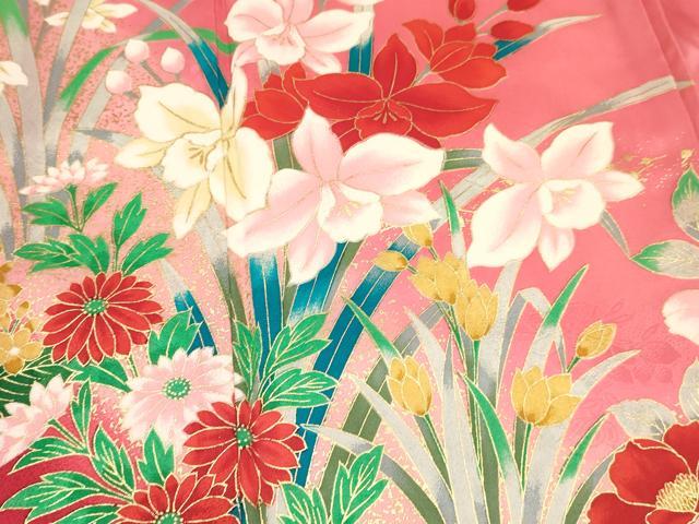 平和屋着物[]七五三　女の子　７歳　祝着　四つ身　長襦袢(単衣・半衿刺繍)セット　杜若　牡丹花文　暈し染め　金彩　逸品　DABA3605ma