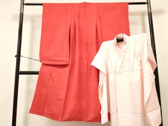 平和屋着物[]七五三　女の子　７歳　祝着　四つ身　長襦袢(無双仕立て・半衿刺繍)セット　雲地紋　緋色　逸品　DABA3606ma
