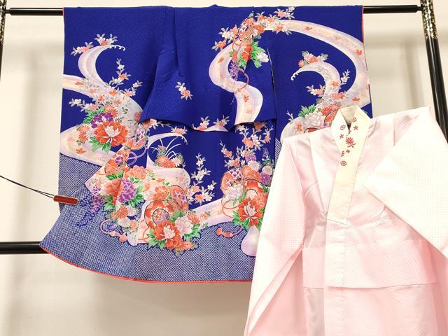 平和屋着物[]七五三　女の子　３歳　祝着　三つ身　長襦袢(無双仕立て・半衿刺繍)セット　鼓牡丹花文　金彩　洗える着物　DABA3607ma