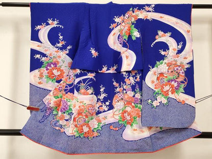平和屋着物[]七五三　女の子　３歳　祝着　三つ身　長襦袢(無双仕立て・半衿刺繍)セット　鼓牡丹花文　金彩　洗える着物　DABA3607ma