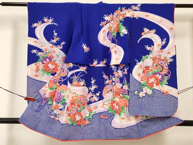 平和屋着物[]七五三　女の子　３歳　祝着　三つ身　長襦袢(無双仕立て・半衿刺繍)セット　鼓牡丹花文　金彩　洗える着物　DABA3607ma