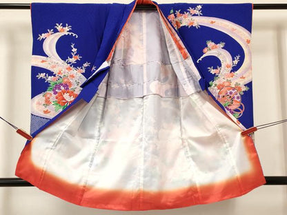 平和屋着物[]七五三　女の子　３歳　祝着　三つ身　長襦袢(無双仕立て・半衿刺繍)セット　鼓牡丹花文　金彩　洗える着物　DABA3607ma