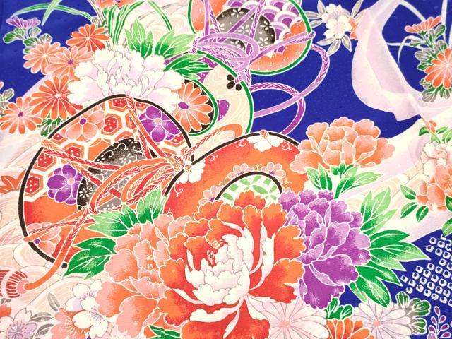 平和屋着物[]七五三　女の子　３歳　祝着　三つ身　長襦袢(無双仕立て・半衿刺繍)セット　鼓牡丹花文　金彩　洗える着物　DABA3607ma