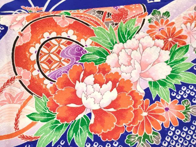 平和屋着物[]七五三　女の子　３歳　祝着　三つ身　長襦袢(無双仕立て・半衿刺繍)セット　鼓牡丹花文　金彩　洗える着物　DABA3607ma
