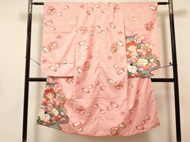 平和屋着物[]七五三　女の子　７歳　祝着　四つ身　襦袢(単衣・半衿刺繍)セット　几帳御所車花文　金彩　DABA3608ma