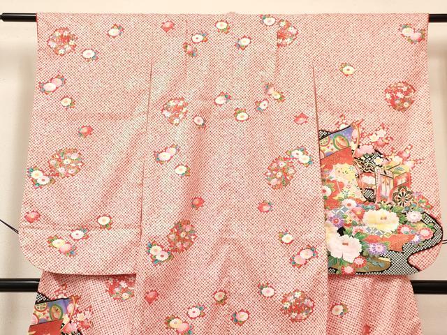 平和屋着物[]七五三　女の子　７歳　祝着　四つ身　襦袢(単衣・半衿刺繍)セット　几帳御所車花文　金彩　DABA3608ma