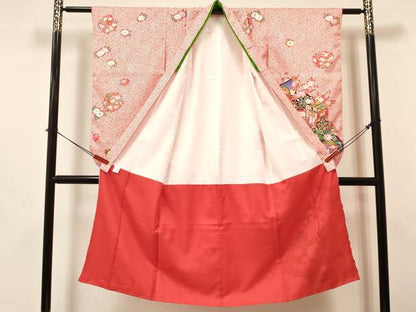 平和屋着物[]七五三　女の子　７歳　祝着　四つ身　襦袢(単衣・半衿刺繍)セット　几帳御所車花文　金彩　DABA3608ma