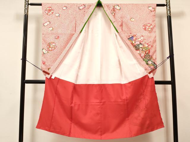 平和屋着物[]七五三　女の子　７歳　祝着　四つ身　襦袢(単衣・半衿刺繍)セット　几帳御所車花文　金彩　DABA3608ma