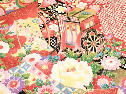 平和屋着物[]七五三　女の子　７歳　祝着　四つ身　襦袢(単衣・半衿刺繍)セット　几帳御所車花文　金彩　DABA3608ma