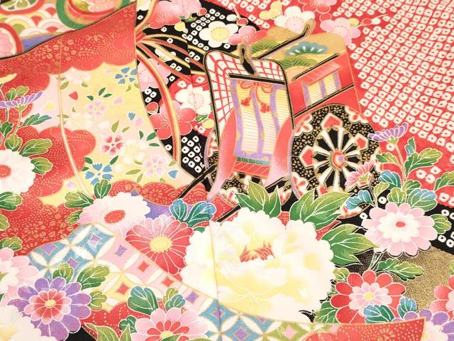 平和屋着物[]七五三　女の子　７歳　祝着　四つ身　襦袢(単衣・半衿刺繍)セット　几帳御所車花文　金彩　DABA3608ma