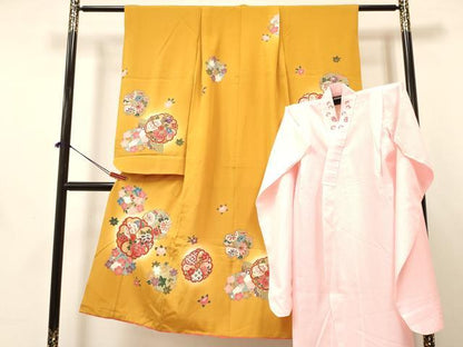 平和屋着物[]七五三　女の子　７歳　祝着　四つ身　襦袢(単衣・半衿刺繍)セット　草花文　暈し染め　金彩　逸品　DABA3609ma
