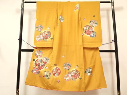 平和屋着物[]七五三　女の子　７歳　祝着　四つ身　襦袢(単衣・半衿刺繍)セット　草花文　暈し染め　金彩　逸品　DABA3609ma