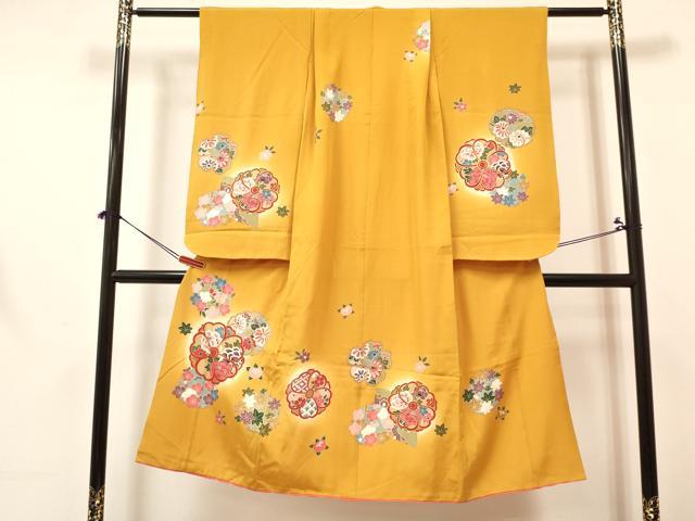 平和屋着物[]七五三　女の子　７歳　祝着　四つ身　襦袢(単衣・半衿刺繍)セット　草花文　暈し染め　金彩　逸品　DABA3609ma