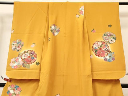 平和屋着物[]七五三　女の子　７歳　祝着　四つ身　襦袢(単衣・半衿刺繍)セット　草花文　暈し染め　金彩　逸品　DABA3609ma