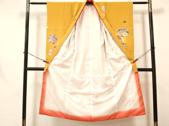 平和屋着物[]七五三　女の子　７歳　祝着　四つ身　襦袢(単衣・半衿刺繍)セット　草花文　暈し染め　金彩　逸品　DABA3609ma