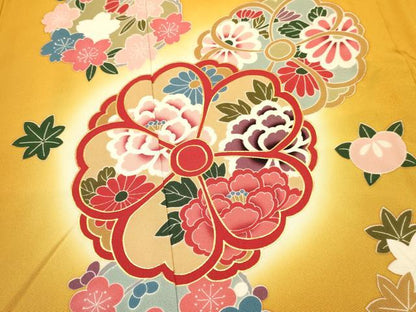 平和屋着物[]七五三　女の子　７歳　祝着　四つ身　襦袢(単衣・半衿刺繍)セット　草花文　暈し染め　金彩　逸品　DABA3609ma