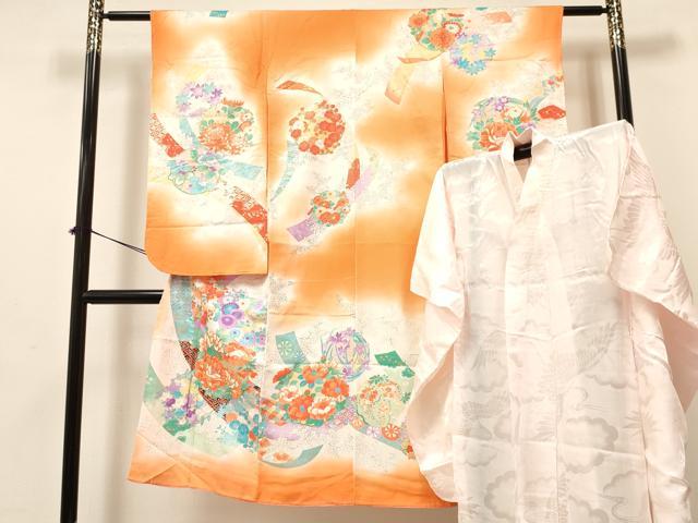 平和屋着物[]七五三　女の子　７歳　祝着　四つ身　長襦袢(無双仕立て)セット　駒刺繍　短冊牡丹花文　暈し染め　金彩　逸品　DABA3610ma