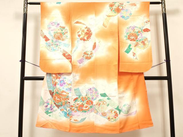 平和屋着物[]七五三　女の子　７歳　祝着　四つ身　長襦袢(無双仕立て)セット　駒刺繍　短冊牡丹花文　暈し染め　金彩　逸品　DABA3610ma