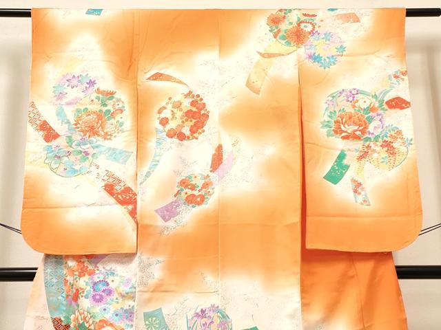 平和屋着物[]七五三　女の子　７歳　祝着　四つ身　長襦袢(無双仕立て)セット　駒刺繍　短冊牡丹花文　暈し染め　金彩　逸品　DABA3610ma