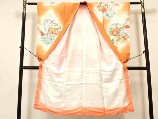 平和屋着物[]七五三　女の子　７歳　祝着　四つ身　長襦袢(無双仕立て)セット　駒刺繍　短冊牡丹花文　暈し染め　金彩　逸品　DABA3610ma