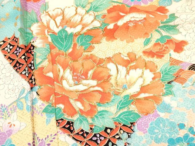 平和屋着物[]七五三　女の子　７歳　祝着　四つ身　長襦袢(無双仕立て)セット　駒刺繍　短冊牡丹花文　暈し染め　金彩　逸品　DABA3610ma