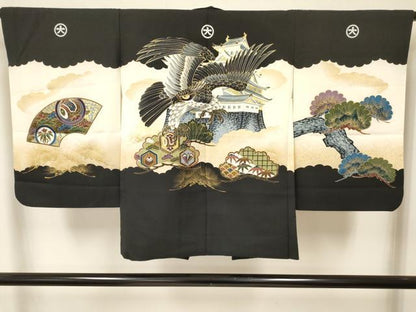 平和屋着物[]七五三　子供　男の子　羽織　鷹　鷲　風景松取り笹文　暈し染め　金彩　洗える着物　DABA3618ma
