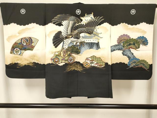 平和屋着物[]七五三　子供　男の子　羽織　鷹　鷲　風景松取り笹文　暈し染め　金彩　洗える着物　DABA3618ma