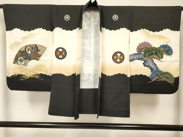 平和屋着物[]七五三　子供　男の子　羽織　鷹　鷲　風景松取り笹文　暈し染め　金彩　洗える着物　DABA3618ma
